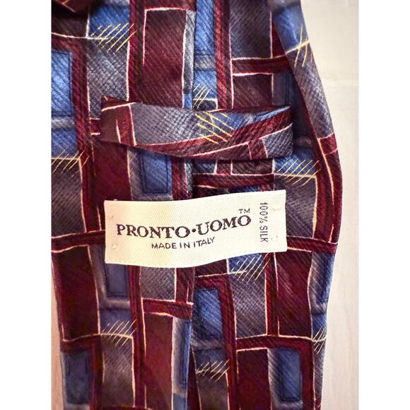Pronto Uomo Men's 100% Silk Neck Tie Burgundy Blue - Picture 2 of 6